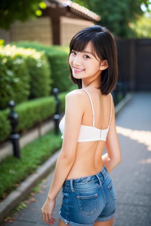 Highest quality、Ultra-high resolution、masterpiece、Clear photos、(Very cute girl、beautiful girl、The cutest Yoda Yuki)、(whole body)、(The cutest face)、 Berry Short Cut、Low-rise denim pants:1.8、Thong panties are visible、 Upper body naked、Vivid depiction、I look down at her from behind、She stands with her back to me、smile