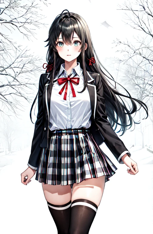 1 girl as yukino yukinoshita, absurdres, highres, solo, school uniform, big breasts, waist long black hair, (twintails:0.5), miniskirt, black thighhigh socks, loose red ribbon, unbuttoned white shirt