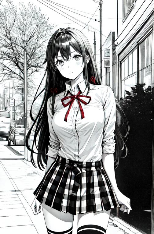 1 girl as yukino yukinoshita, absurdres, highres, solo, school uniform, big breasts, waist long black hair, (twintails:0.5), miniskirt, black thighhigh socks, loose red ribbon, unbuttoned white shirt