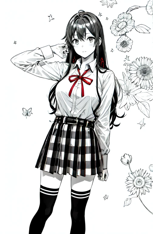 1 girl as yukino yukinoshita, absurdres, highres, solo, school uniform, big breasts, waist long black hair, (twintails:0.5), miniskirt, black thighhigh socks, loose red ribbon, unbuttoned white shirt