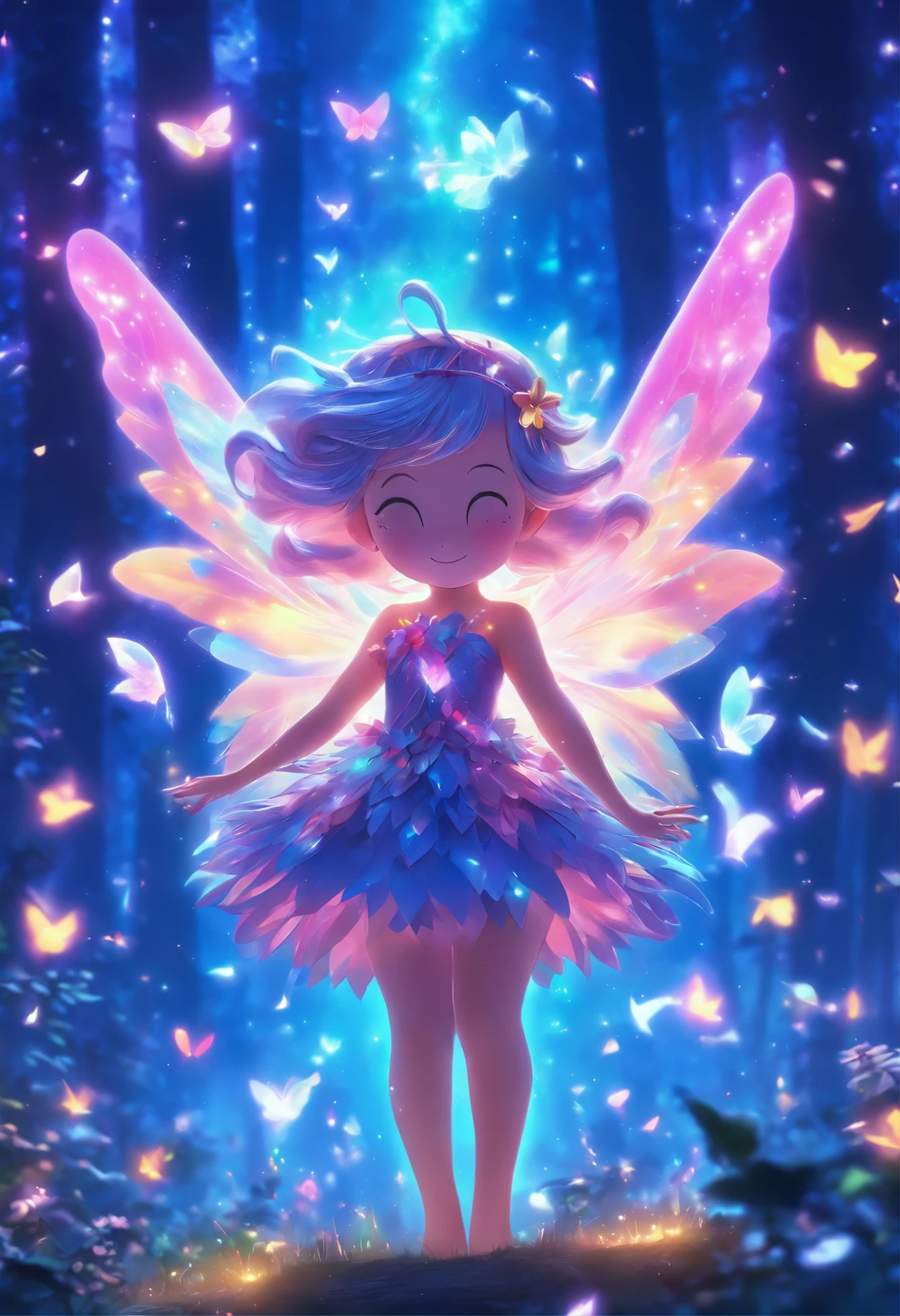 at a forest，night moon，Mini cute 3 year old flower fairy, Chubby，Skirt made of petals，colorful colorful，Transparent colorful wings, Magic wand，closeup cleavage，Light attenuation，glowing effect，depth of fields，to emphasize，Real light，ray traycing，oc rendered，hyper realisitc，Best quality，8K，artworks，ultradetailed，Detailed pubic hair，Correct anatomy，focus on eyeokeh，Facial features are carefully drawn