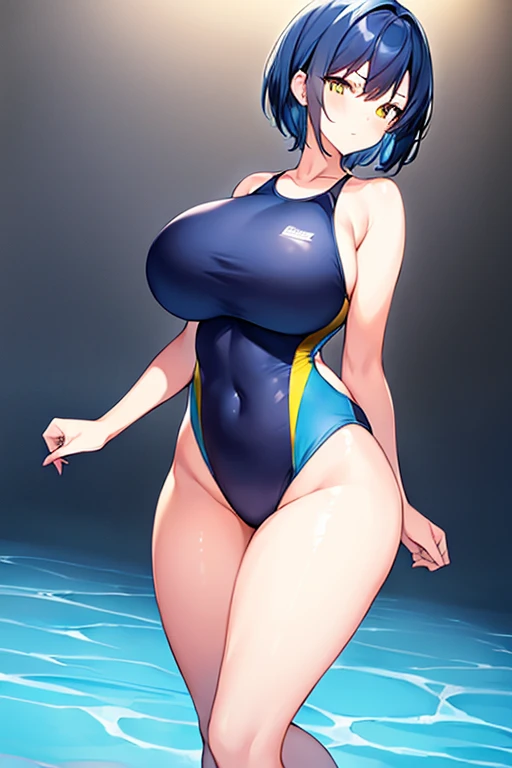 1girl, large breasts, breasts, wide hips, thick thighs, dark blue hair, blue hair, short hair, very short hair, yellow eyes, one-piece swimsuit, blue swimsuit, competition swimsuit, black one-piece swimsuit, serious