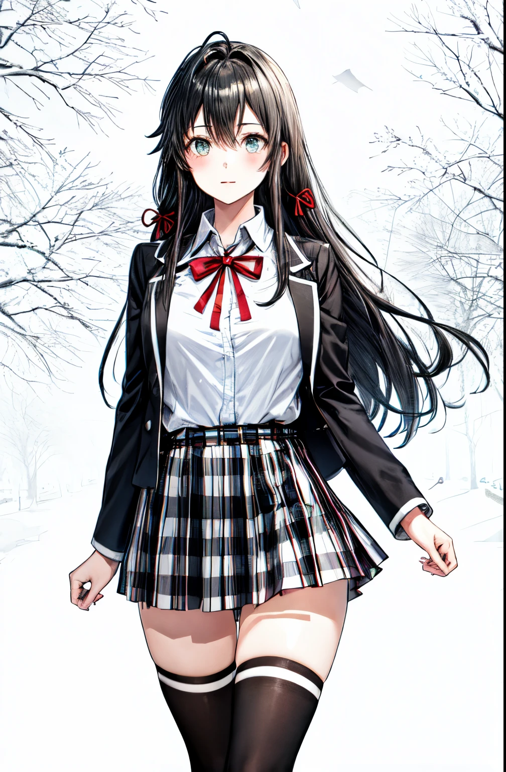 1 girl as yukino yukinoshita, absurdres, highres, solo, school uniform, big breasts, waist long black hair, (twintails:0.5), miniskirt, black thighhigh socks, loose red ribbon, unbuttoned white shirt