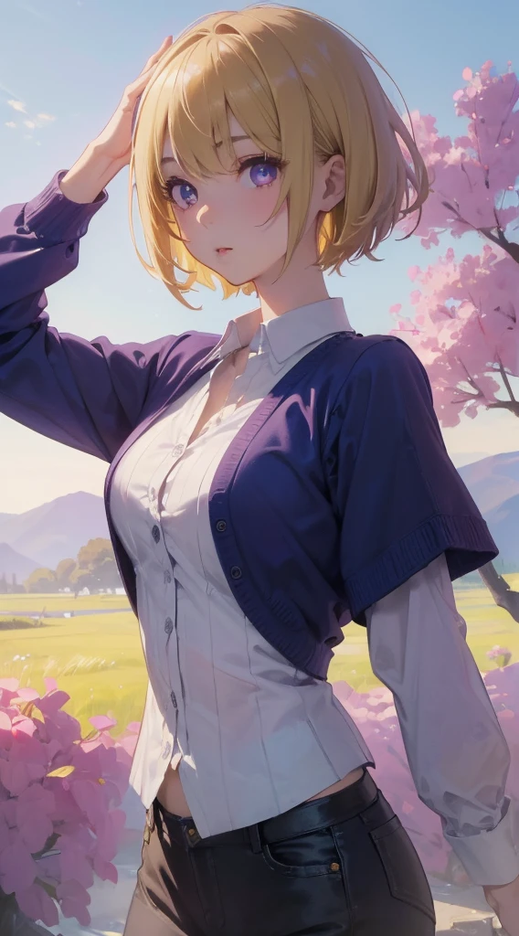 ((top-quality、8K、masterpiece:1.3))、1人、Beautiful woman with slender abs:1.3、(Medium short hair、:1.2)、Cardigan:1.1、hyperdetailed face、A detailed eye、二重まぶた、Blonde hair with purple inner color