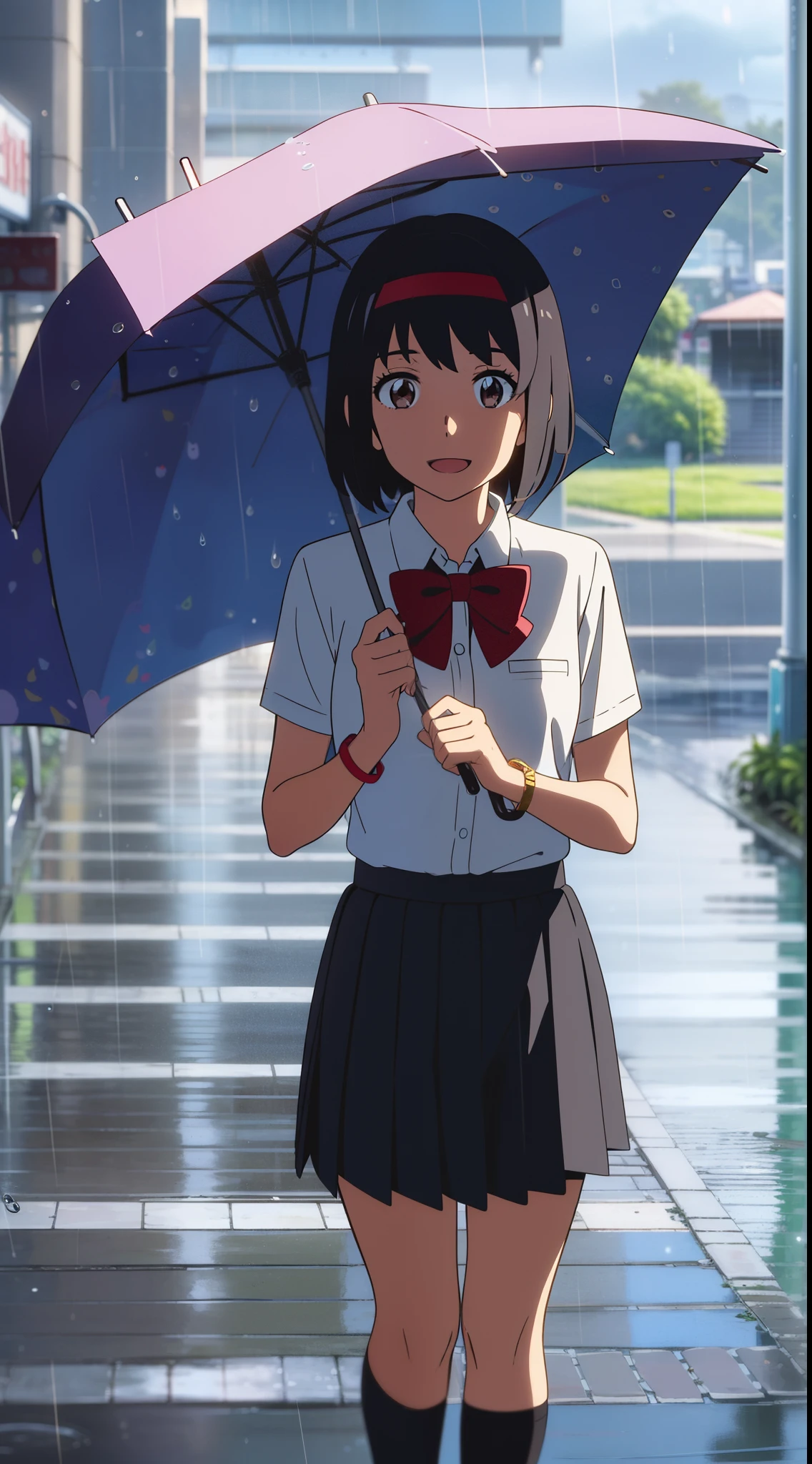 shinkai makoto, kimi no na wa., 1girl, bangs, black hair, bright eyes, brown eyes, headband, looking at the viewer, red bow, red headband, red ribbon, school uniform, shirt, white shirt, skirt, black skirt, short sleeves, short hair, medium breasts, solo, happy face, :D, bracelet, upper body, raining, pouring rain, ( puddles, water ripples:1.0), outdoors, in street, (cloudy), standing, perfect hands, umbrella, bringing an umbrella
