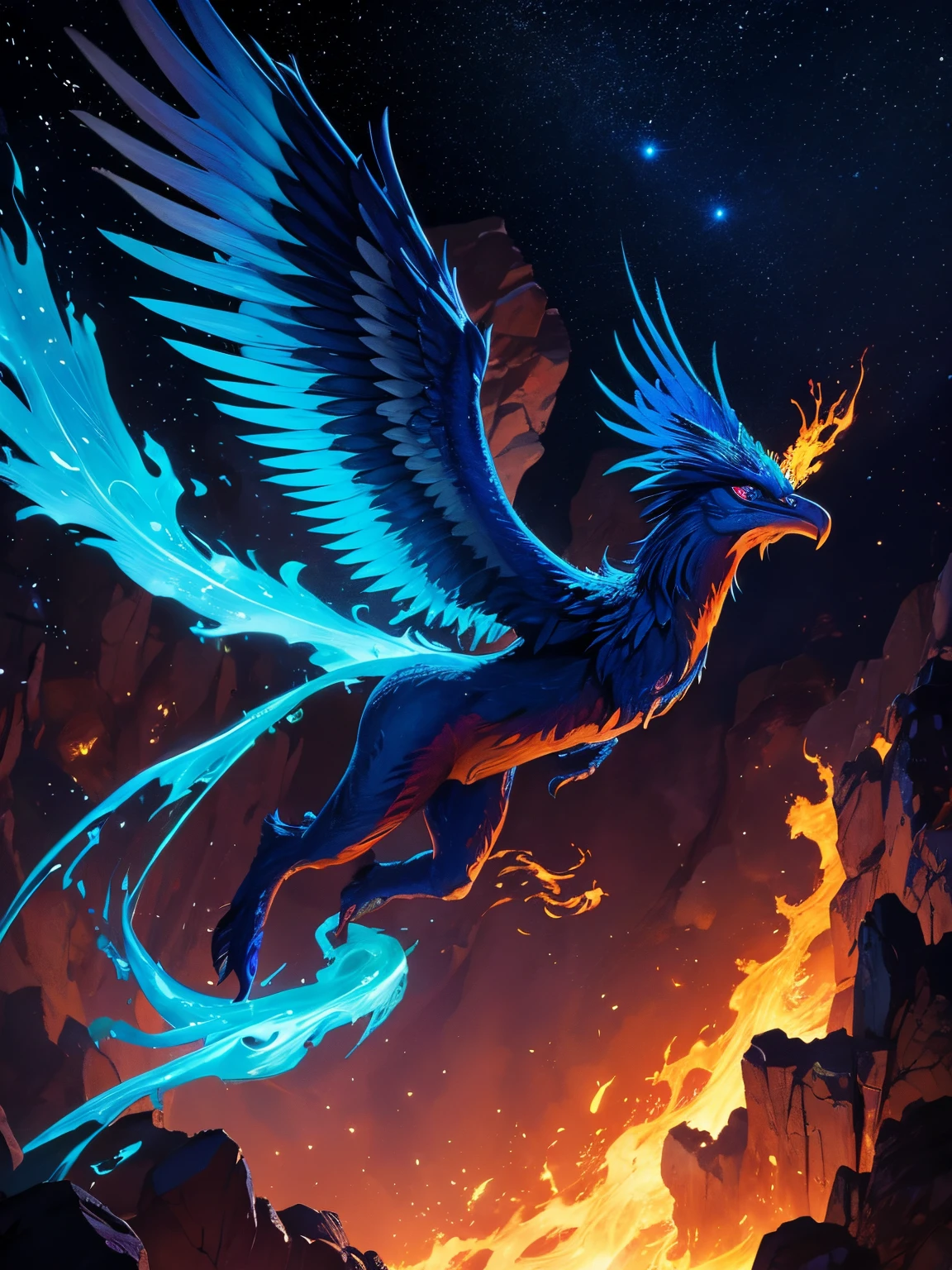 mythology creature, phoenix, volando, noche, plumaje ardiente, fuego azul,
