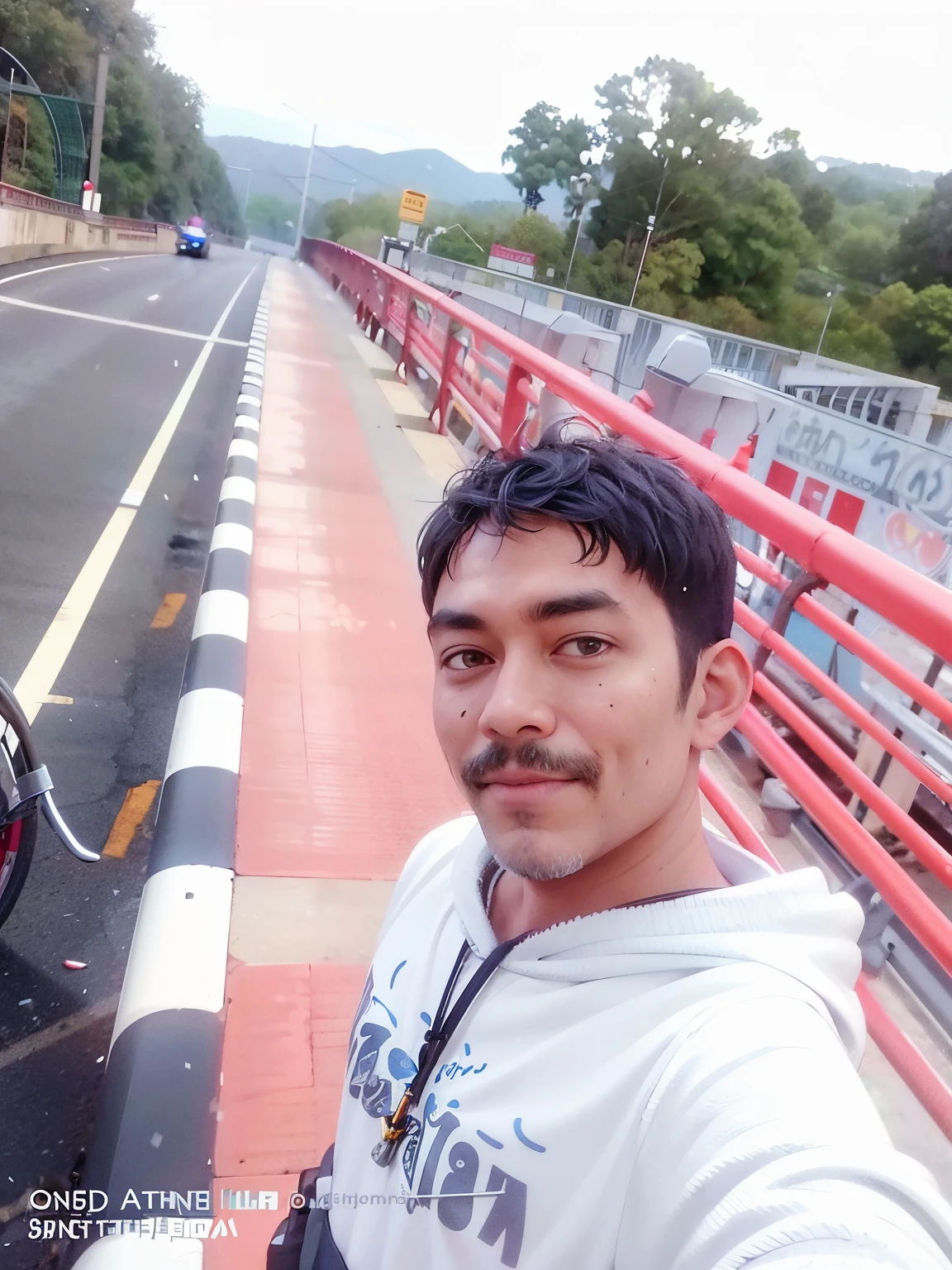 there  a man that  standing next to a motorcycle, connected with hanging bridge!!, on a bridge, hanging bridge!!, without helmet, standing on a bridge, selfie photo, on a road, pewdiepie selfie at a bridge, ayan nag, 4 0 years old man, on a birdge, selfie!!!!!, selfie shot straight on angle, selfie!!!!! of a man