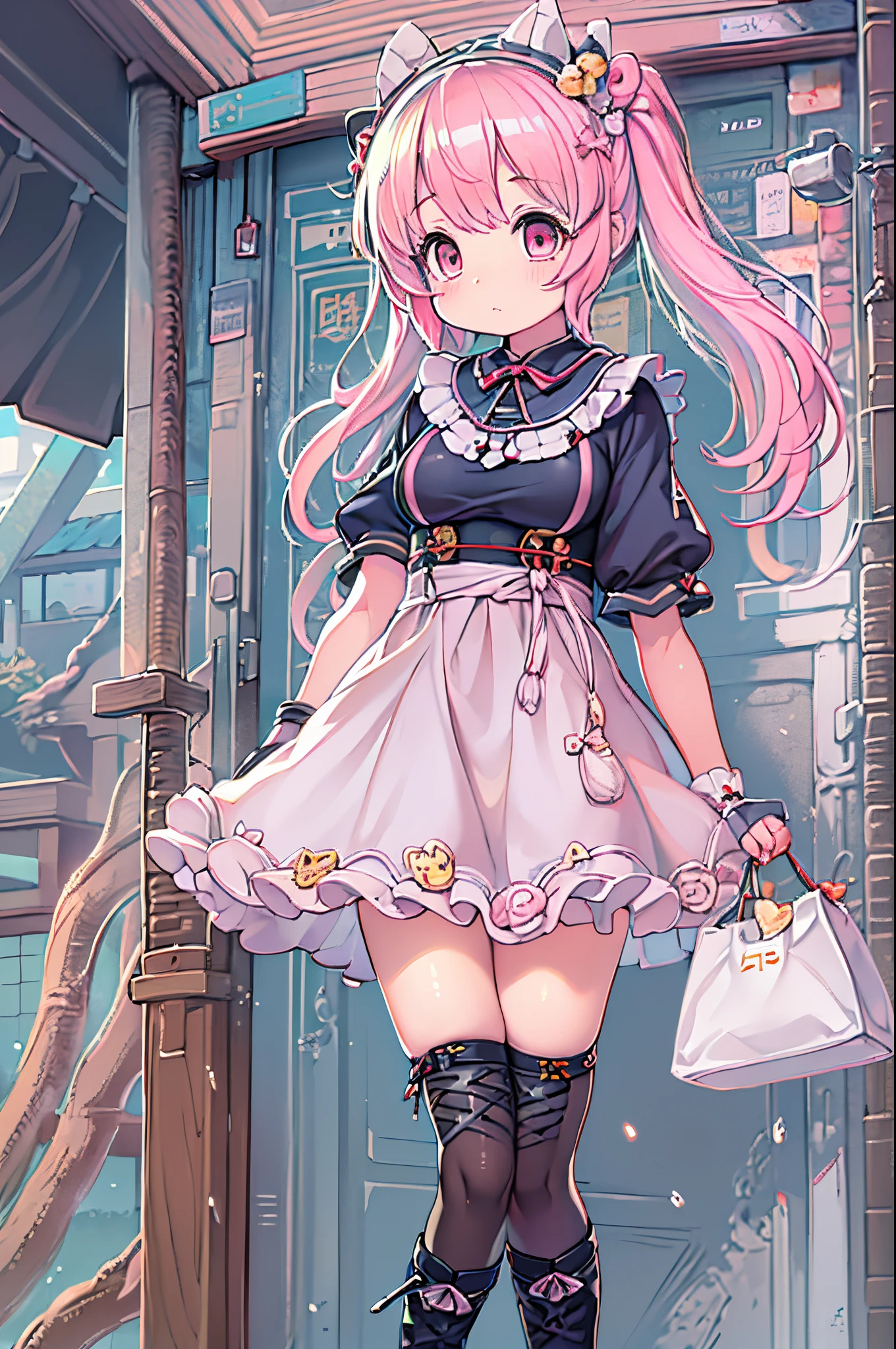 Anime girl in black boots with pink hair and a white bag, small curvy , Anime visuals of cute girls, splash art anime lolite anime waifu in a nice dress, anime moe art style, anime girls in maid costumes, loli in s, small loli girl, Canime girl, pink twintail hair and cyan eyes
