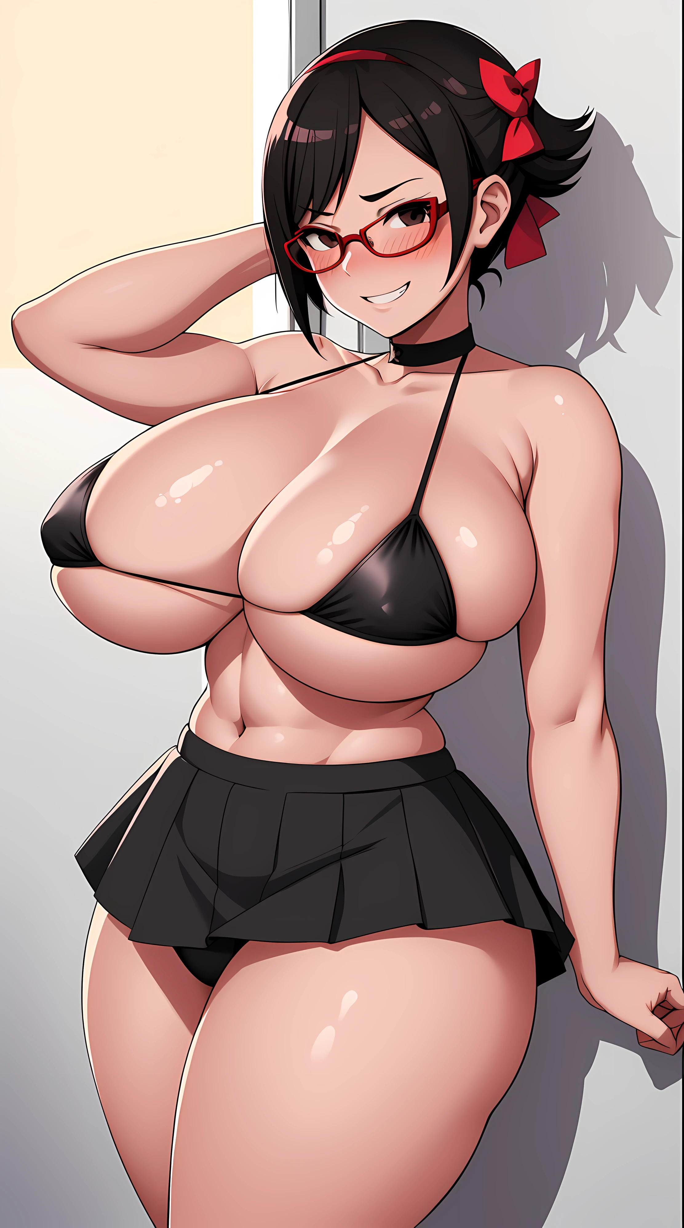 masterpiece, highest quality, best quality, 1girl, solo, side eyeing at viewer, (gigantic ), ((thick thighs)), wide , microskirt, micro , hair bow, Uchiha Sarada,  shoulders, black eyes, black hair, blush, red framed glasses, short hair, extremely embarrassed,  grin, hands behind back showing off 