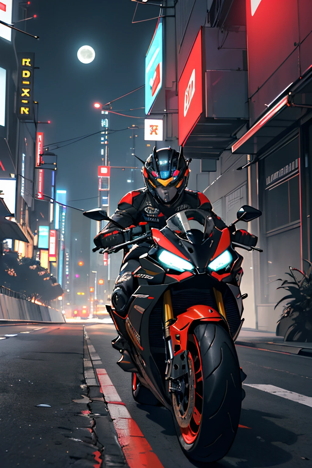 (1 Cyberpunk mecha hummananoid)(1 humanoid mecha man), mecha man is in a Black and red trim leather race suit riding on a black and red futuristic Ducati Panigale V4 race motorcycle, the mecha man is popping a wheelie on a back mountain streets at night, Stars and moon are bright the sky is dark, center curved composition, view point is from the front side, red and Black theme, motor sports photography, game cg, cycles4d render, cycles 3 d render, racing, rgp artwork, dark hangar background, yellow back light, cycle render, hyper-detailed masterpiece:1.5), (beautifuly intricate:1.5), (aesthetic + beautiful + harmonic:1.5), (hyper-detailed face, hyper-detailed eyes, hyper-detailed mouth, hyper-detailed body, hyper-detailed hands, hyper-detailed clothes, and hyper-detailed scenery:1.5), (sharpen details:1.2), high detail, Realism, Futurism,Cyberpunk, glowing light, masterpiece, super detail, high details, award winning, high details, (best quality:1.5)