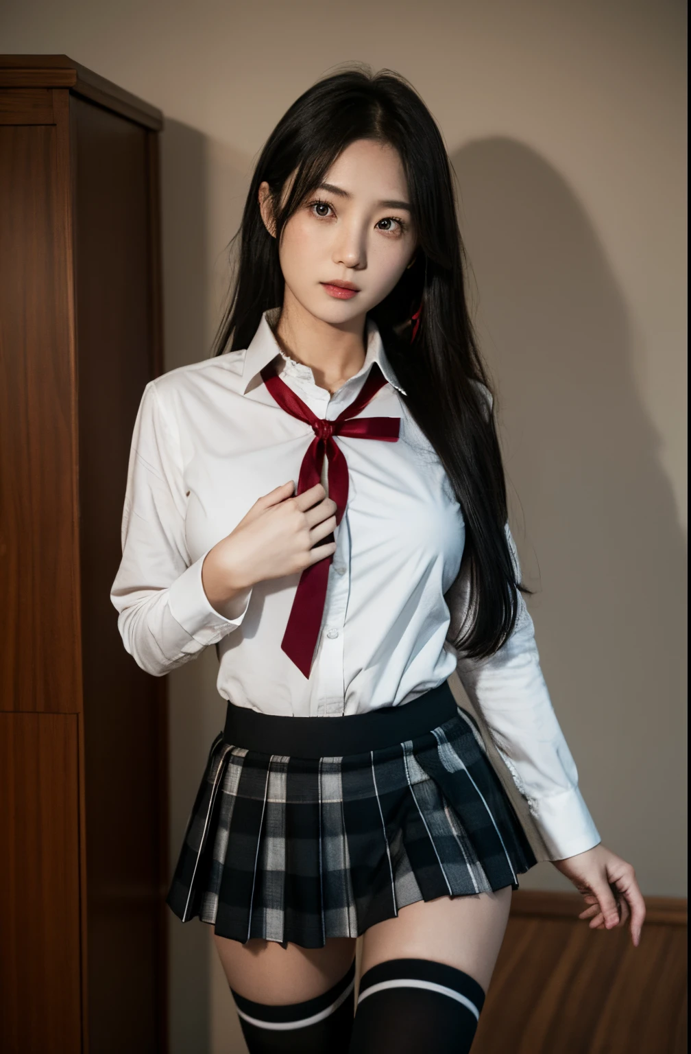 1 girl as yukino yukinoshita, absurdres, highres, solo, school uniform, big breasts, waist long black hair, (twintails:0.5), miniskirt, black thighhigh socks, loose red ribbon, unbuttoned white shirt