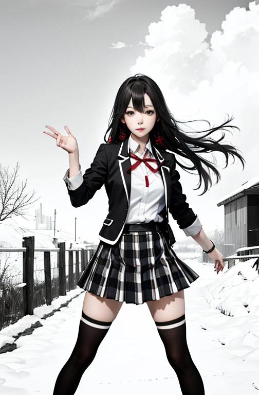 1 girl as yukino yukinoshita, absurdres,  highres, solo, school uniform, big breasts, waist long black hair, (twintails:0.5), miniskirt, black thighhigh socks, loose red ribbon, unbuttoned white shirt