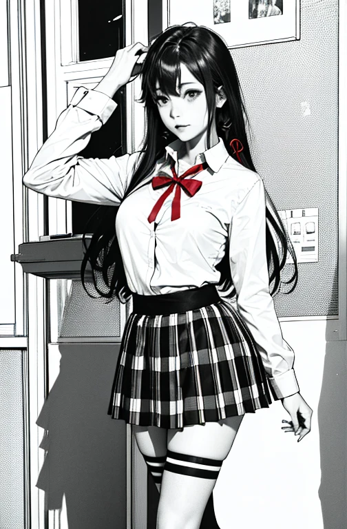 1 girl as yukino yukinoshita, absurdres, highres, solo, school uniform, big breasts, waist long black hair, (twintails:0.5), miniskirt, black thighhigh socks, loose red ribbon, unbuttoned white shirt