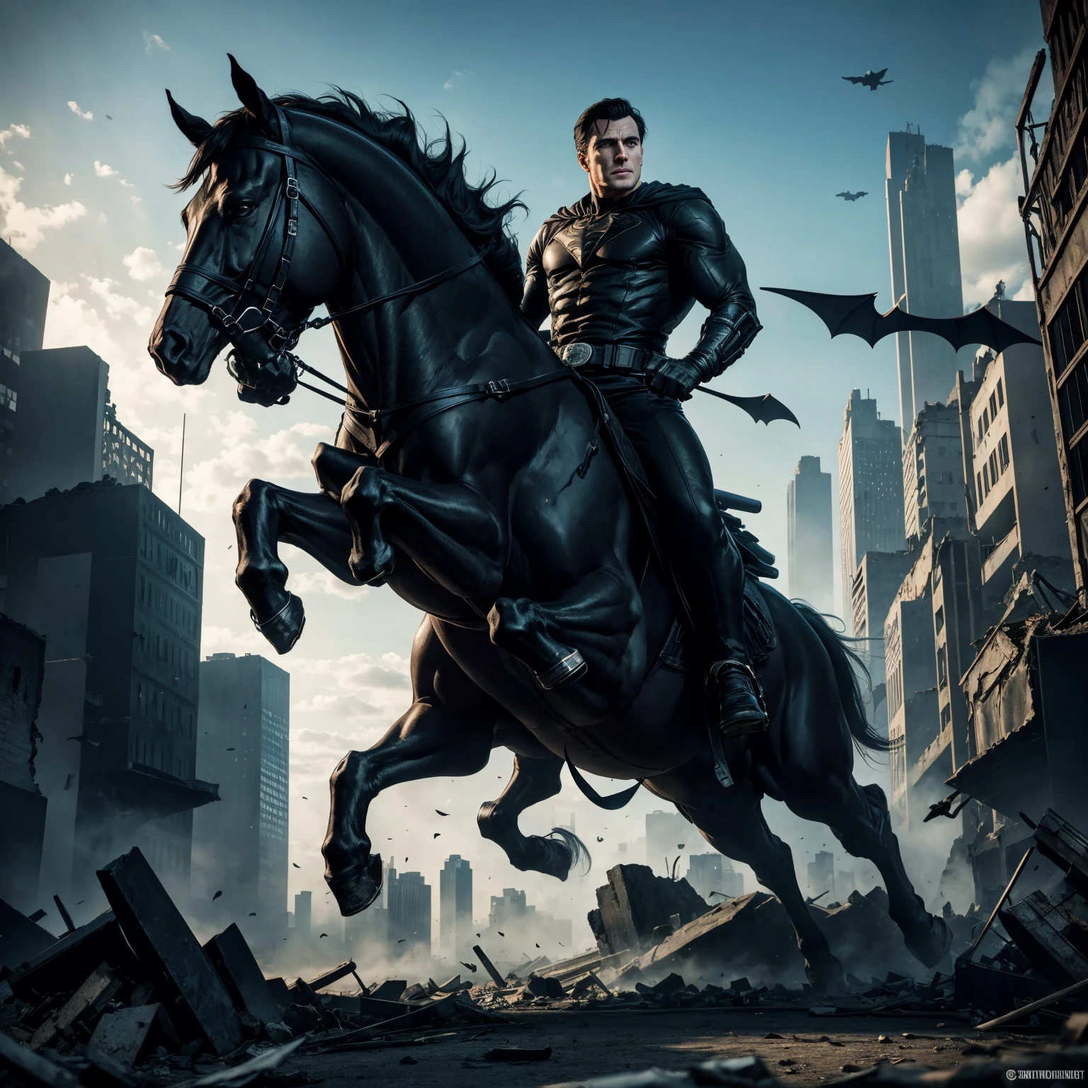 Bruce Wayne riding a monstrous bathorse with the background of ruins of cyber city
