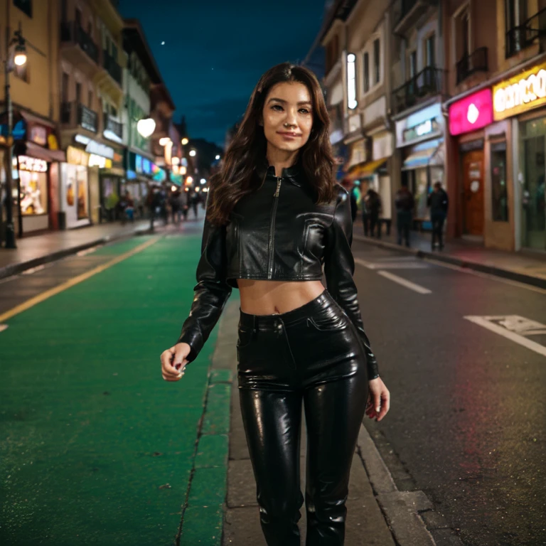 1Rapaz, Pele negra, cabelo castanho curto, olhos verdes, vestindo regata preta, vestindo preto_jaqueta de couro verde, black leather pants, sentado na motocicleta, at night, Botas de couro pretas, Rua da cidade, solo molhado pela chuva, drooping, night time, Neon sign in the background, Beautiful, absurdos, alta resolução, ultrasharp, 8k, master part, Olhando para o Viewer e sorrindo.