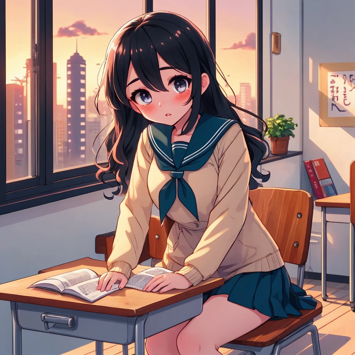 In the classroom, school uniformss, Long hair, Sitting, Reading a book, skirt, Black hair, serafuku, looking up at viewer, 1Boy, bags, Sock, pleated skirt, blazer, Hadphone, Hair between eyes, blush, Long sleeves, Sailor Collar, Multiple girls, exteriors, red neckerchief, bangss, overalls, White shirt, shirt, parted lips, day, wood, 1Girl, Wavy hair, window, By the window, sunset outside the window