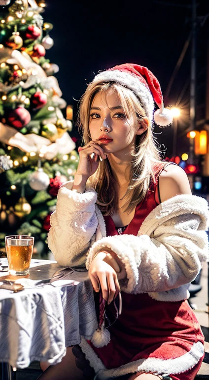 (Ultra-detailed eyes), (((Textile shading))), (((Best quality))), (((On a table))), (((super-detailed CG))), Savage girlfriend, (((magical ))), (small), (Small under the chest), Blonde hair, Blonde hair, Blonde hair, Fixed mood, ((Short hair details, Short hair details, ornate hair)), a pink eyes, (((Christmas dresses, Red and white faux fur-trimmed Cardroy jacket, Millennium bug, scallop skirt))), ((Pose up)), (((GameCG)) (A gorgeous one, fashionably, it girls accessories, Sparkling sky, amsterdam light festival, Christmas atmosphere, light christmas, Christmas tree, Amsterdam Light Festival full of atmosphere, cow boy shooting, Medium shot , centered image, Keep your eyes on the camera, natta