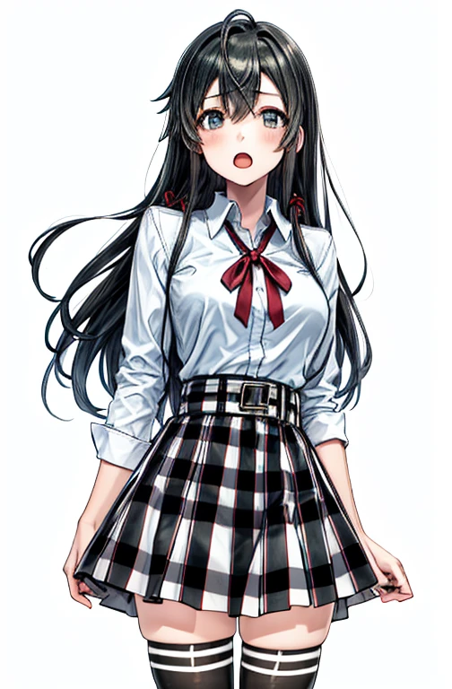1 girl as yukino yukinoshita, absurdres, highres, solo, school uniform, big breasts, waist long black hair, (twintails:0.5), miniskirt, black thighhigh socks, loose red ribbon, unbuttoned white shirt, ahegao