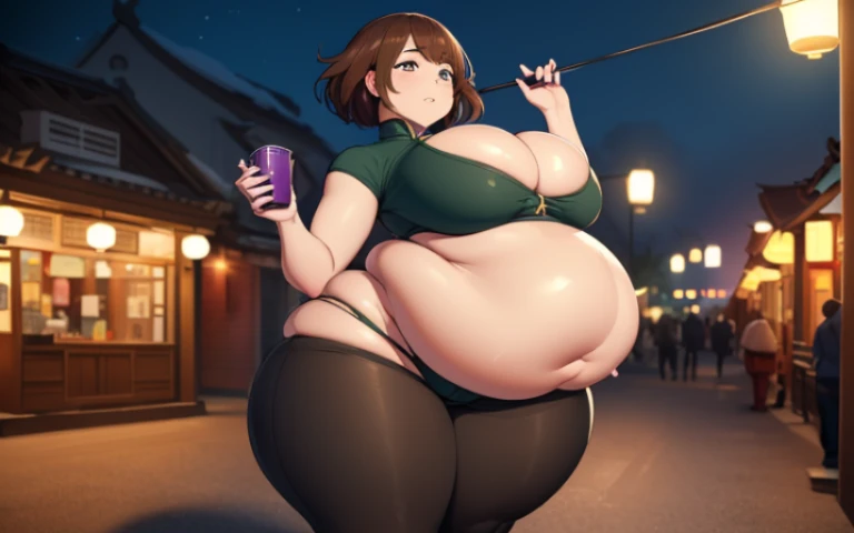 ((high reasterpiece), perfect anatomy, perfect shading, field of depth, (best quality), extremely delicate and beautiful, perfect lighting, detailed face, ultra cute face, cute, (cowboy shot 1.2), looking at viewer, full body, ((1girl)), ((solo)),
short hair, fluffy hair, brown hair, green eyelush)), nervous (chinese split dress 1.2), extremely tight clothes, medium breasts, cleavage, perky breasts, (((wide hips))), ((thick thighs)), (chubby), chubby belly, fat rolls, belly hang, ((big round belly)),
street, town, chinese festival, night time, intricate background, detailed background, standing,