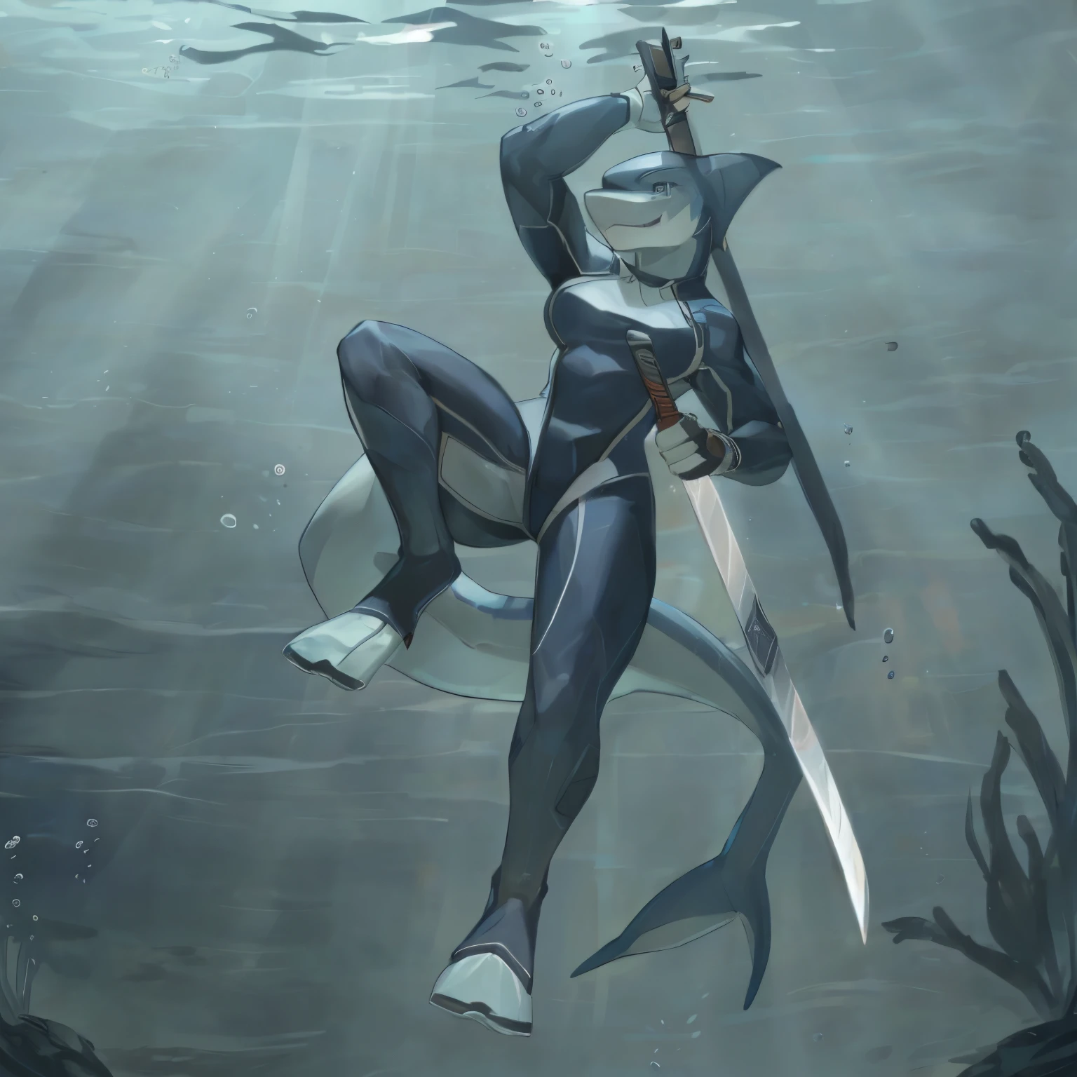 a drawing of a smiling female shark in a dive suit holding a sword, badass pose, swimming flippers, katana, anthro female, shark, aquatic, underwater, abserdres, hires, highly detailed