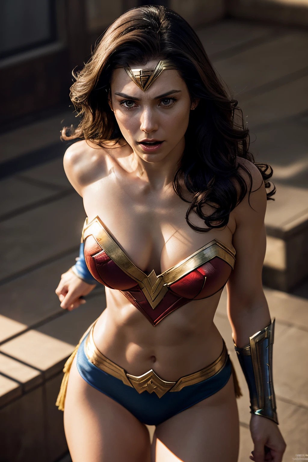 Henry Cavill as Wonder Woman, (dynamic pose), (hyper realistic:1.4), (realistic:1.3), (best quality real texture skin), full body, (view from top, Cinematic Light), highly detailed skin, skin pores, (highly detailed face:1.1), (sexy, cleavage, nippin), (highly detailed eyes:1.1), realistic pupils, (perfect anatomy:1.1), (perfect proportions:1.1), (photography:1.1), (photorealistic:1.1), volumetric lighting, dynamic lighting, real shadows, (highres:1.1), sharp focus, daylight, (realistic, hyperrealistic:1.4), intricate, high detail, dramatic, subsurface scattering, big depth of field, vivid, polished, sharpened, ((full Sharp)), (extremely absurdres),8k hdr