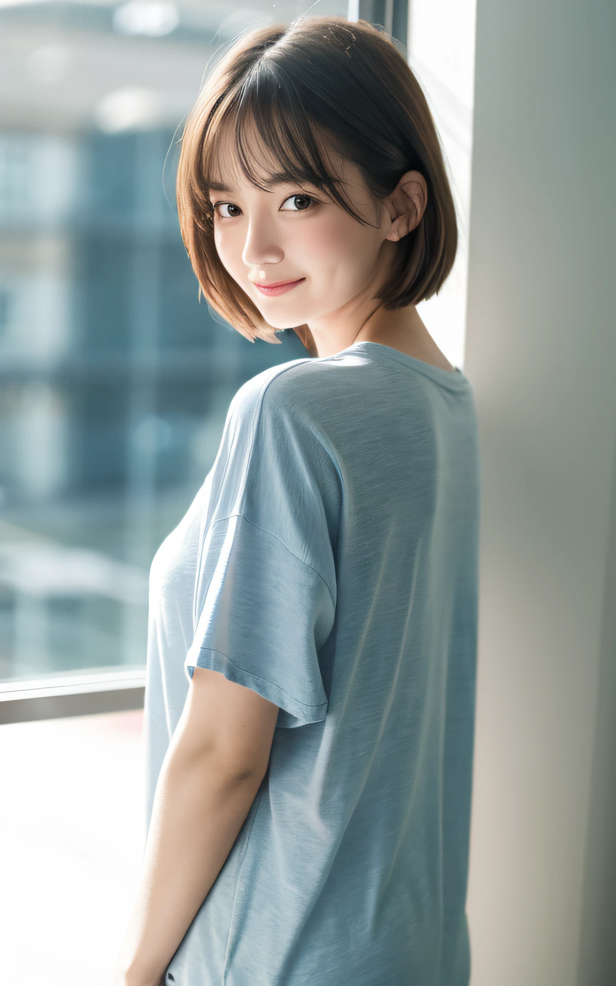 masutepiece, Best Quality, 8K, 1 girl, 20 yo, Full body, Solo, Arch Smile, Cute, Girly, Delicate girl, Neat and clean beauty, Raw photo, Professional Photography, Portrait, Soft light, Professional Lighting, Back lighting, look forward to your eyes, Sophisticated, Film grain, (Eyes and faces with detailed:1.0), Wearing an oversized T-shirt and nothing else, Short-length floating hair, Beautiful flowing hair, Bangs, Indoor