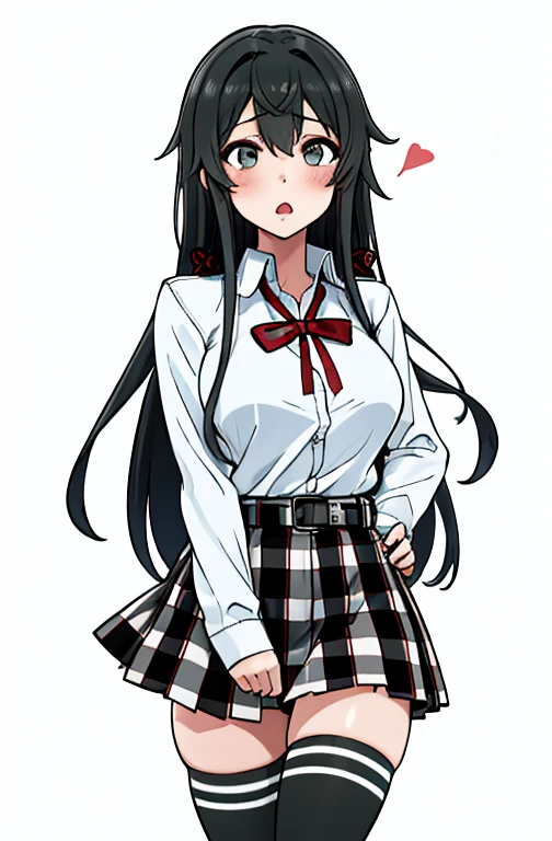 1 girl as yukino yukinoshita, absurdres, highres, solo, school uniform, big breasts, waist long black hair, (twintails:0.5), miniskirt, black thighhigh socks, loose red ribbon, unbuttoned white shirt, ahegao