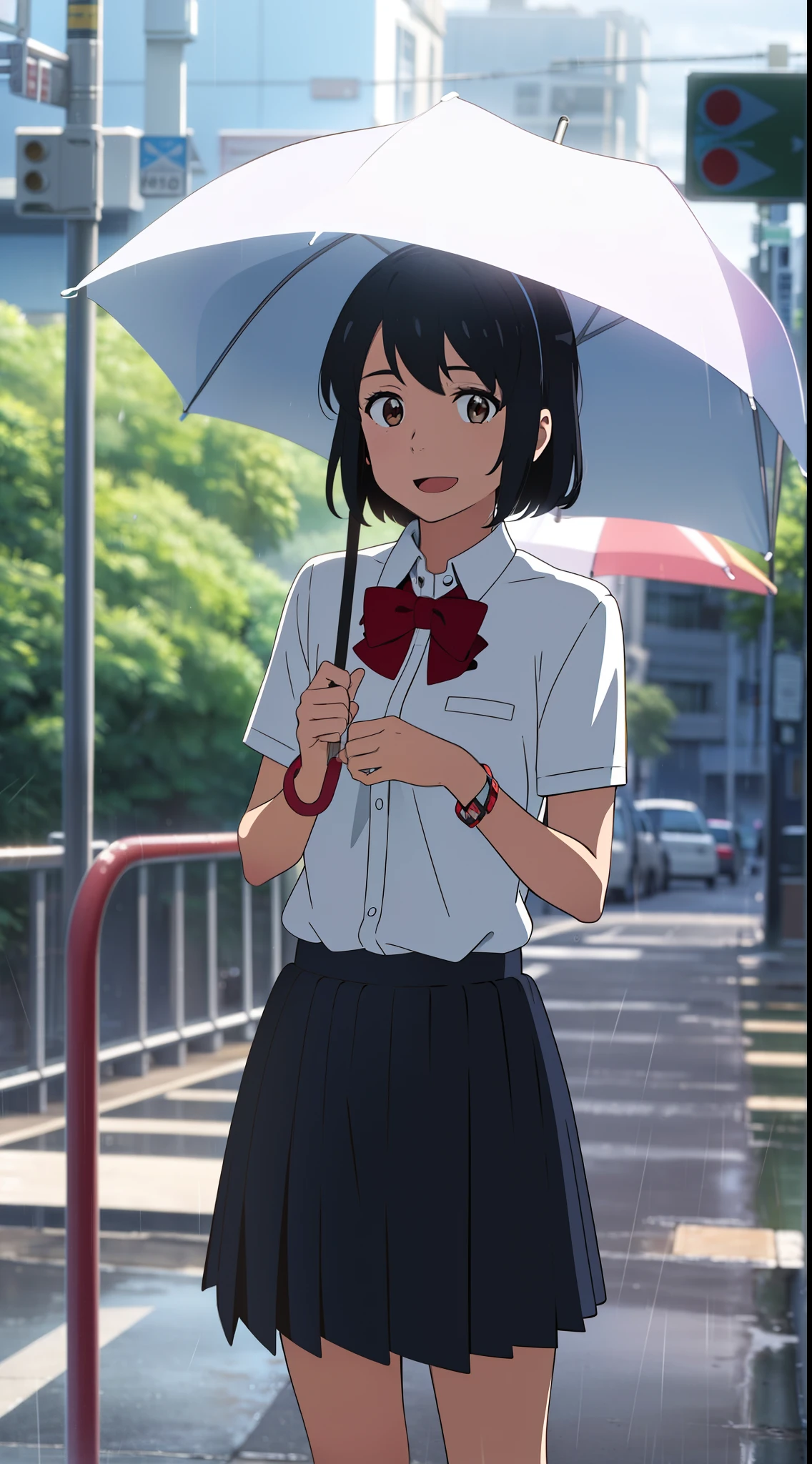 shinkai makoto, kimi no na wa., 1girl, bangs, black hair, bright eyes, brown eyes, headband, looking at the viewer, red bow, red headband, red ribbon, school uniform, shirt, white shirt, skirt, black skirt, short sleeves, short hair, medium breasts, solo, happy face, :D, bracelet, upper body, raining, pouring rain, outdoors, in street, (cloudy), standing, perfect hands, umbrella, holding an umbrella