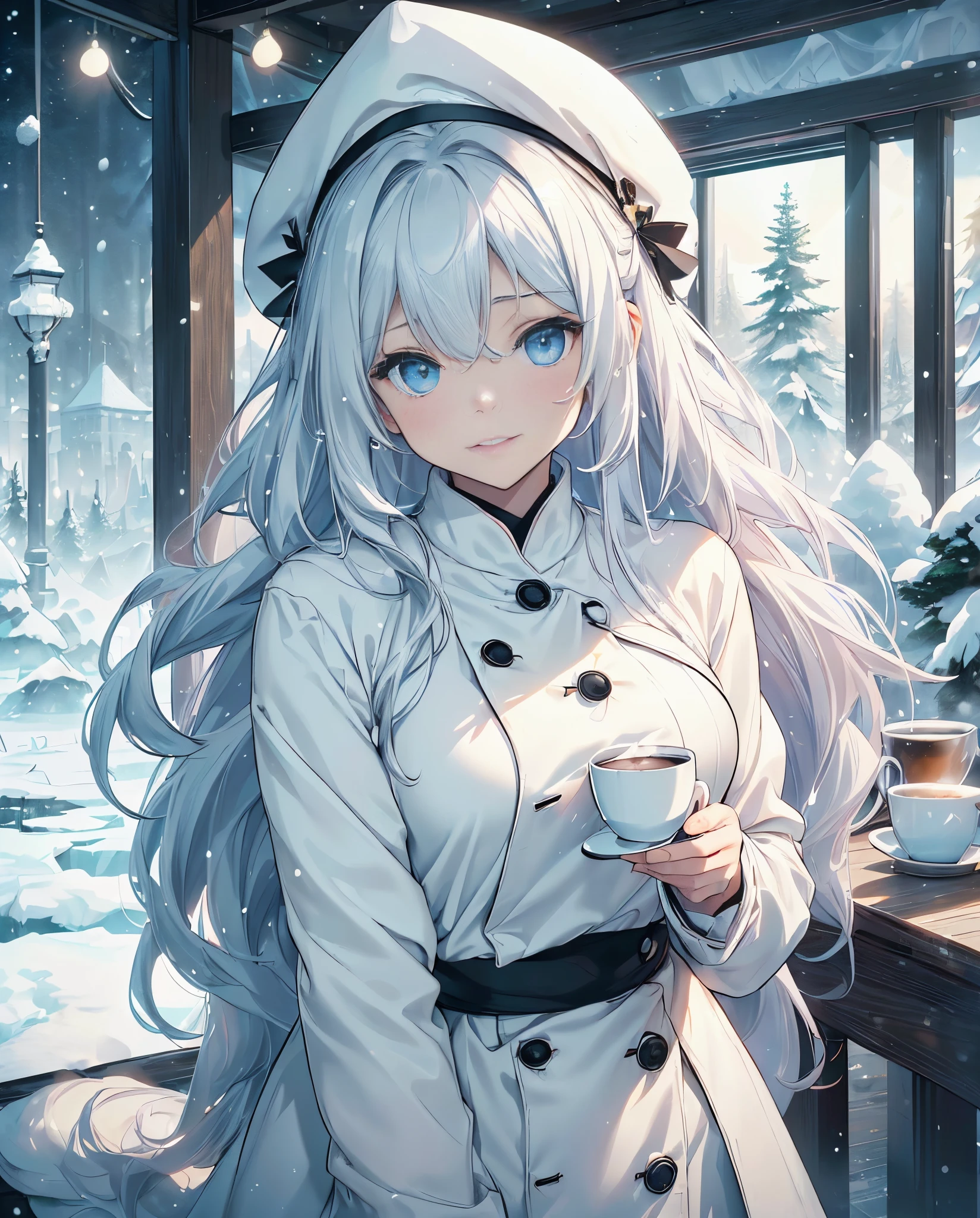 top-quality、Top image quality、masterpiece、s girl((White long coat、Black pantlack overshirt、Santa's Hat、18year old、 Ager、Best Bust、big bast,Beautiful wide open light blue eyerest, Long silver hair、A slender,Large valleys、dye one's cheeks red、White breath、Reflecting the whole body、jamping、reaching out her hands、dye one's cheeks red、A slight smil、sit a chair、project horizontally)),hiquality、Beautiful Art、Background with(( Calm cafe at night、Counter seats、Hot coffee、snowflakes falling、Heavy snow falls、snowman、 A world where snow piles up)))、masutepiece、depth of fields,