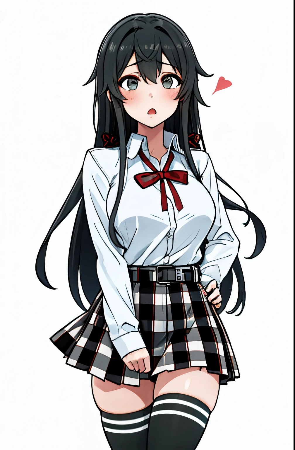 1 girl as yukino yukinoshita, absurdres, highres, solo, school uniform, big breasts, waist long black hair, (twintails:0.5), miniskirt, black thighhigh socks, loose red ribbon, unbuttoned white shirt, ahegao