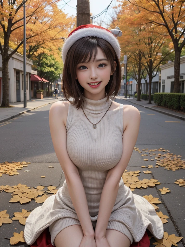 (Masute Piece:1.4, 最高品質、Very beautiful and charming with a very cute smile.:1.4、Add intense highlights to the eyes:1.4、Look steadily at the camera.、A beautiful woman full of charm:1.4),1girl in, single, shiny light brown hair, Broken vapor pipe,Santa Claus hat:1.4,Reality, looking at the audience, Bright crystal clear blue eyes:1.4, Short shiny hair, Santa Claus Knitting Starneck、 Red and white dress of Santa Claus in a turtleneck with a round hole in the center of the chest.:1.4,Sexy red and blue turtleneck knitted sweater with a round hole in the center of the chest.:1.4、 Lips s, lipgloss:1.4，bang, Upper part of the body、s big eyes、eyelashes、Your face is a little red.:1.4、Embarrassing)、((Canadian-tree-lined streets in autumn:1.4))、((Short hair and thin eyes、Put very strong highlights on your students.:1.4、{Colossal|large|Colossal|Mega} breasts:1.4、Very Huge Big Chest、Staring at the audience、Very beautiful beauty.、Remove the ear.:1.4、long neck:1.4、Little smile, smile、Beautiful teeth、Open your mouth and smile.:1.4))、Age 28 years:1.4、The model is very cute.:1.4、