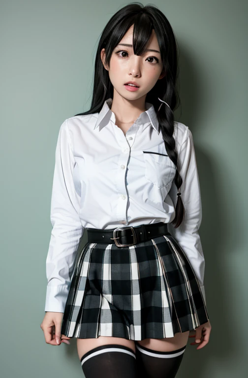 1 girl as yukino yukinoshita, absurdres, highres, solo, school uniform, big breasts, waist long black hair, (twintails:0.5), miniskirt, black thighhigh socks, loose red ribbon, unbuttoned white shirt, ahegao