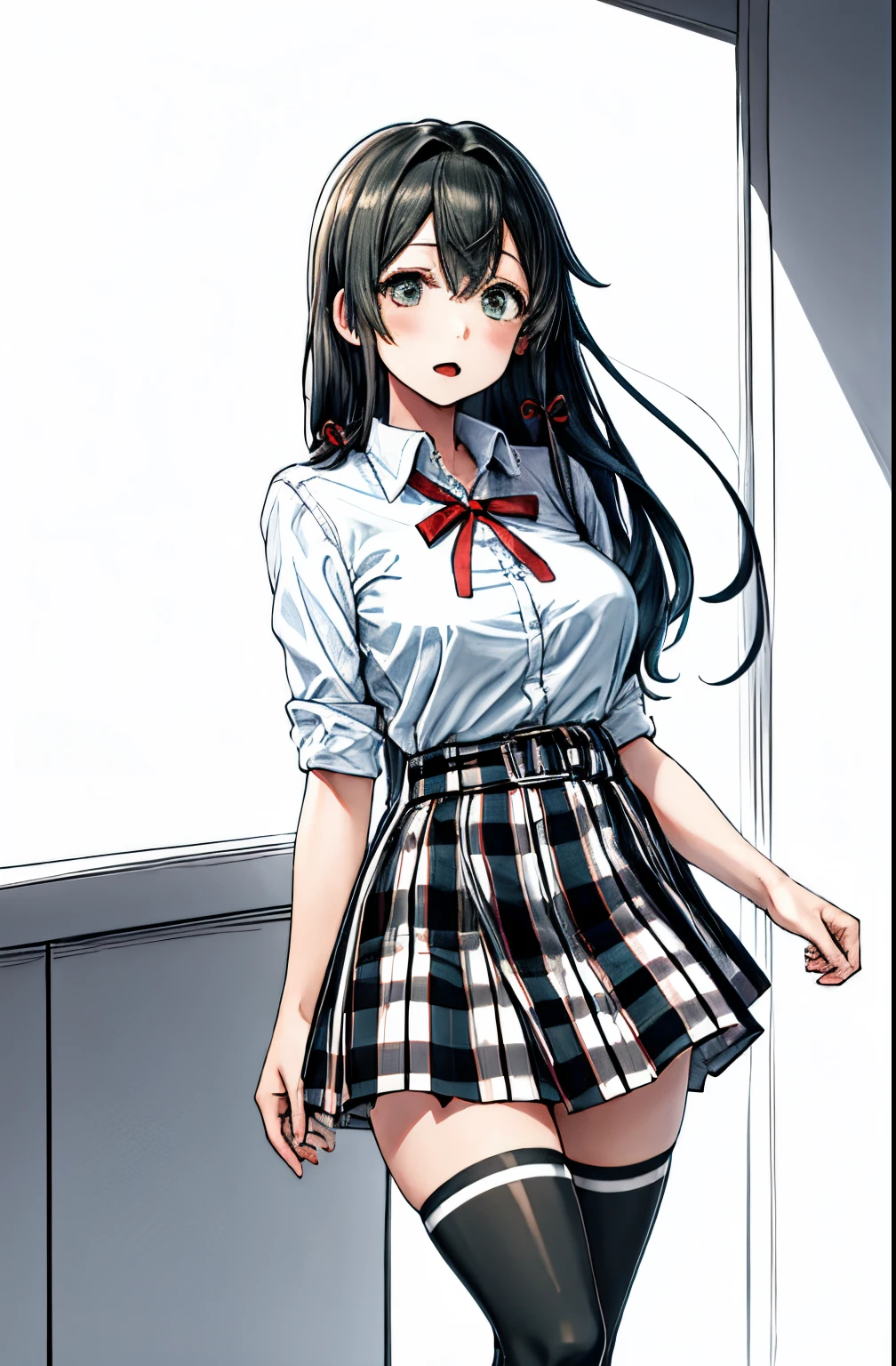 1 girl as yukino yukinoshita, absurdres,  highres, solo, school uniform, big breasts, waist long black hair, (twintails:0.5), miniskirt, black thighhigh socks, loose red ribbon, unbuttoned white shirt, ahegao