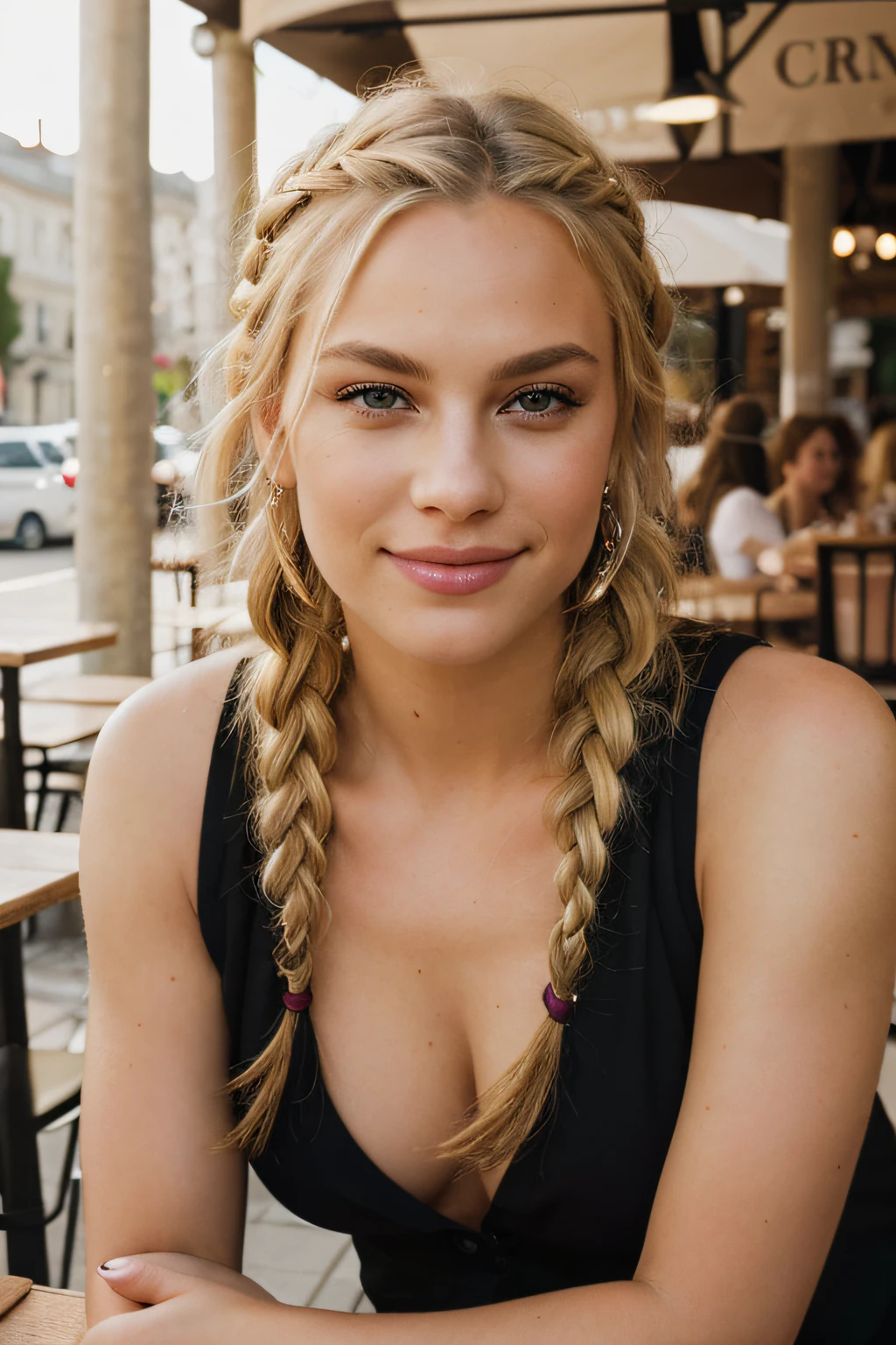 award winning glamour photograph,((best quality)), ((masterpiece)), ((realistic)), piercing eyes, looking straight, very happy, blonde hair, quad braids, in a outdoor cafe, afternoon light,