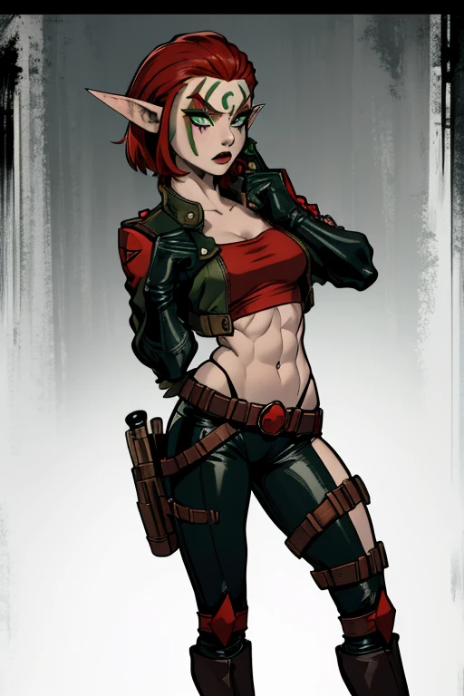 Ashelin, pointy ears,green eyes, pale skin,facial mark, red makeup , small breasts, short hair, elf, muscular, standing, full body shot, serious expression, closed fists, Solo, black leather jacket, black gloves, short red shirt, highleg panties, small midriff, belt, boots, pants, (insanely detailed, beautiful detailed face, masterpiece, beautiful detailed eyes, best quality) holding a gun