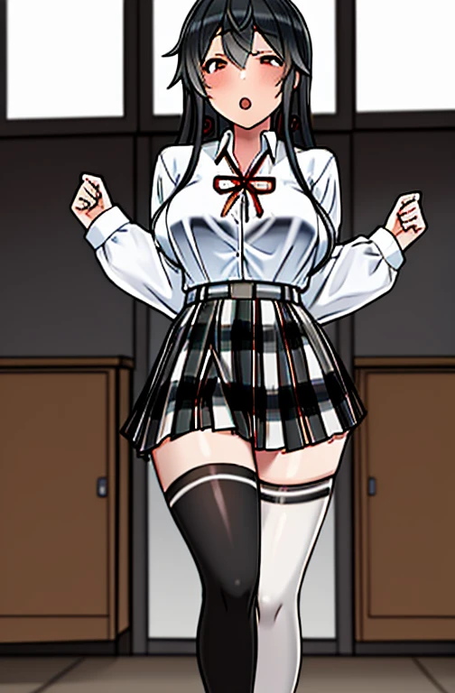 1 girl as yukino yukinoshita, absurdres,  highres, solo, school uniform, big breasts, waist long black hair, (twintails:0.5), miniskirt, black thighhigh socks, loose red ribbon, unbuttoned white shirt, ahegao