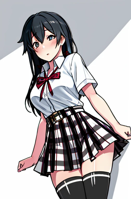 1 girl as yukino yukinoshita, absurdres,  highres, solo, school uniform, big breasts, waist long black hair, (twintails:0.5), miniskirt, black thighhigh socks, loose red ribbon, unbuttoned white shirt, ahegao