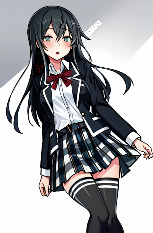 1 girl as yukino yukinoshita, absurdres,  highres, solo, school uniform, big breasts, waist long black hair, (twintails:0.5), miniskirt, black thighhigh socks, loose red ribbon, unbuttoned white shirt, ahegao