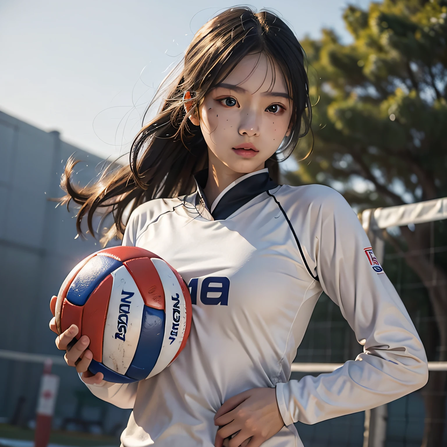 tmasterpiece：1.2，Best quality at best），realistically，（Real pictures，Complicated details，depth of fields），（1 busty girl，独奏），with fair skin，The wounds are very detailed，horse tailed，hand holding volleyball，Eyes resolute，There  light in the eyes，heroic，（Girl playing volleyball，white volleyball suit），closeup of face，Sweated，There  a scratch on the face