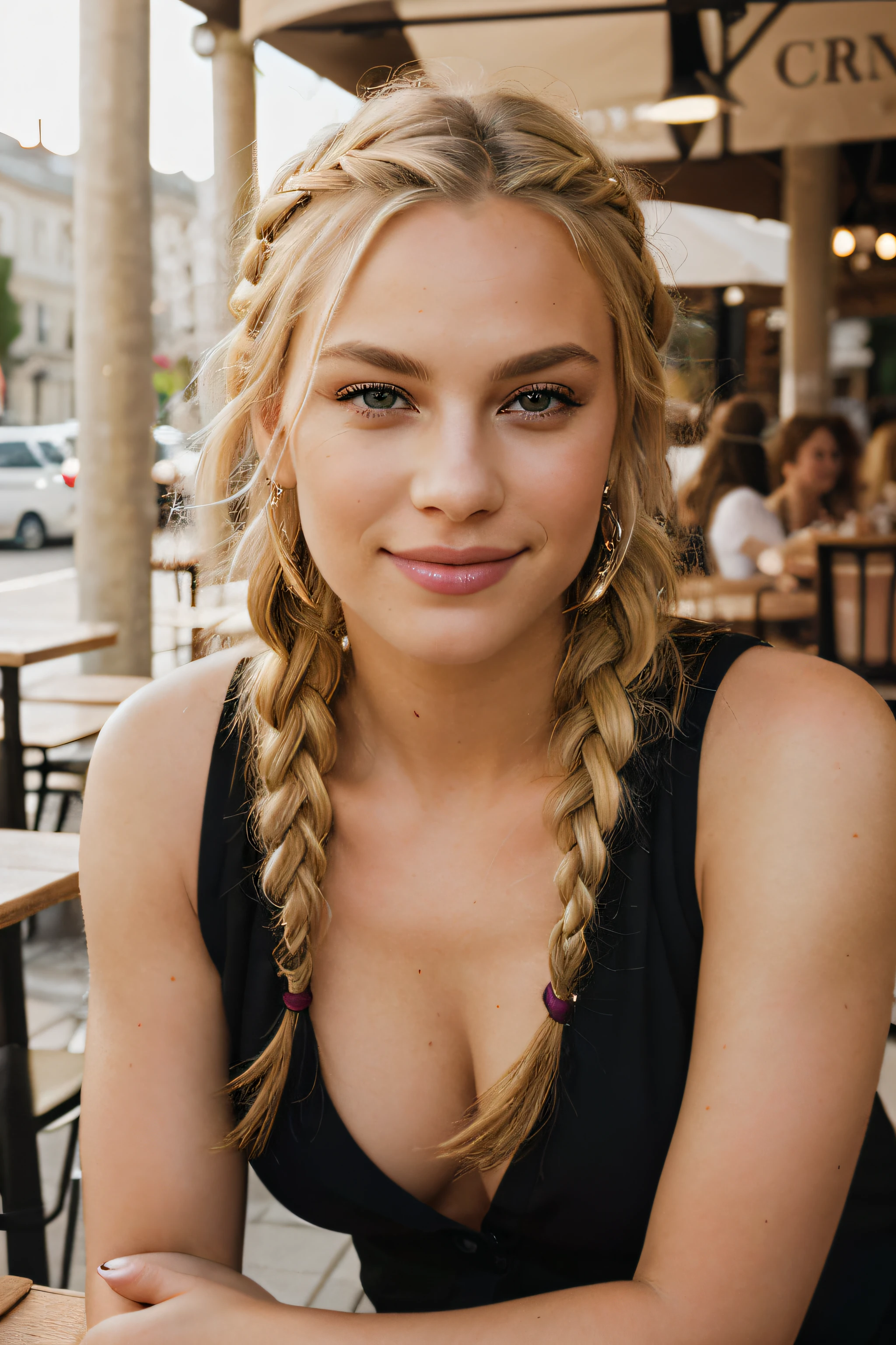 award winning glamour photograph,((best quality)), ((masterpiece)), ((realistic)), piercing eyes, looking straight, very happy, blonde hair, quad braids, in a outdoor cafe, afternoon light,