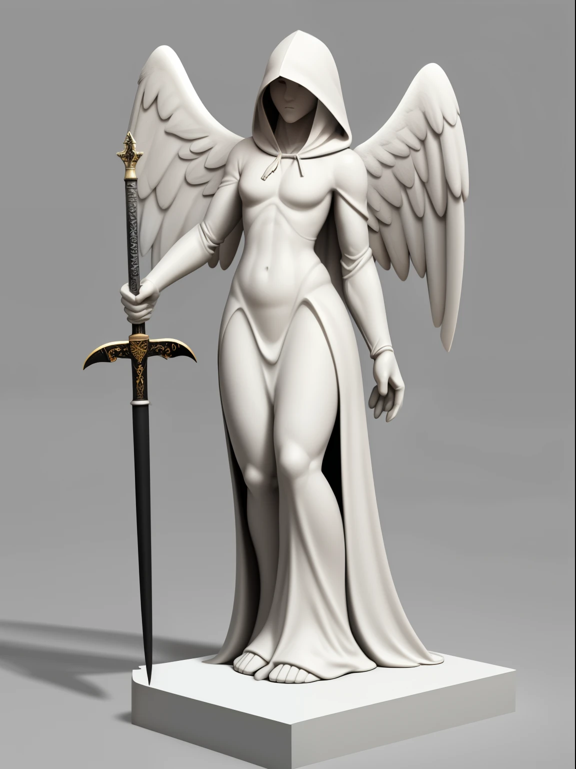 A white figure of a hooded angel, arrodillado, with one hand resting the fingers on the ground and the other holding the hilt of a sword stuck in the ground. La gasa se dirige a lo lejos. The wings are folded behind the back. The figure is made of white ivory. se coloca sobre un soporte redondo como una pieza de ajedrez. The general image consists of 3 images. Vista frontal, vista lateral y vista trasera. Para crear un modelo 3D. Everything is very detailed and well drawn..