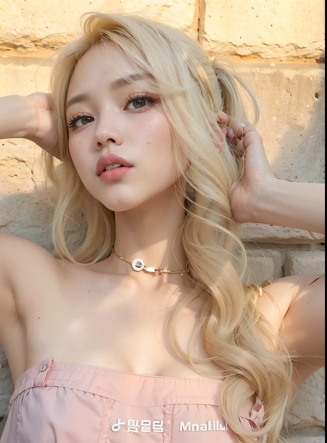blond woman with long hair posing in front of a stone wall, lalisa manobal, roseanne park of blackpink, ulzzang, sakimichan, heonhwa choe, lalisa manoban of blackpink, sun yunjoo, taejune kim, jinyoung shin, korean girl, belle delphine, a girl with blonde hair, shikamimi