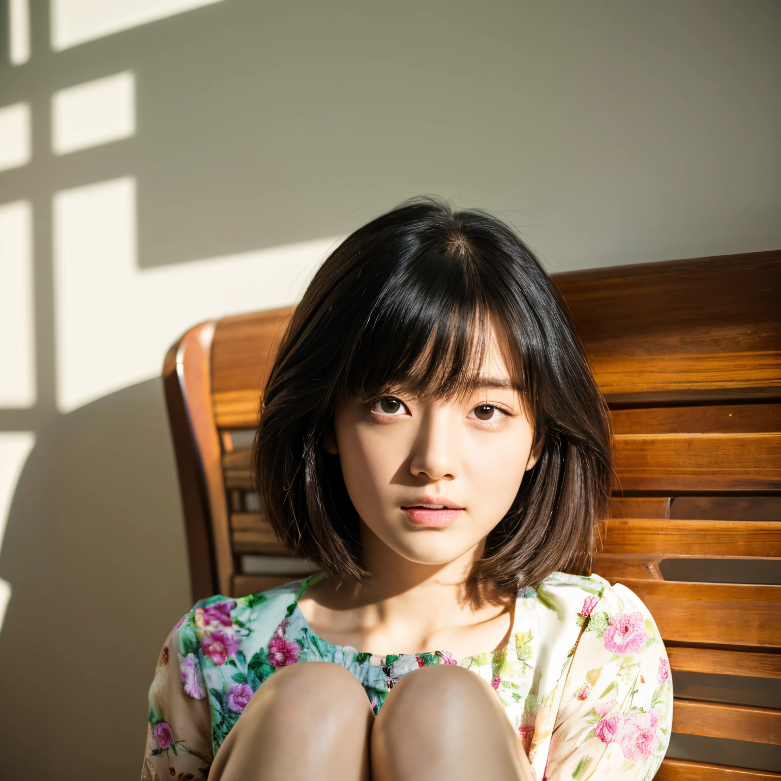 hightquality、masterpiece、ighly detailed、hight resolution、4K、超A high resolution、detailed shadow、A hyper-realistic、realisitic、dramatic lighting、1girl、独奏、A detailed face、realisticeyes、real looking skin、Black hair、dynamicposes、full bodyesbian、White flower dress、Short hair cut、nudde、sitting on、Open crotch