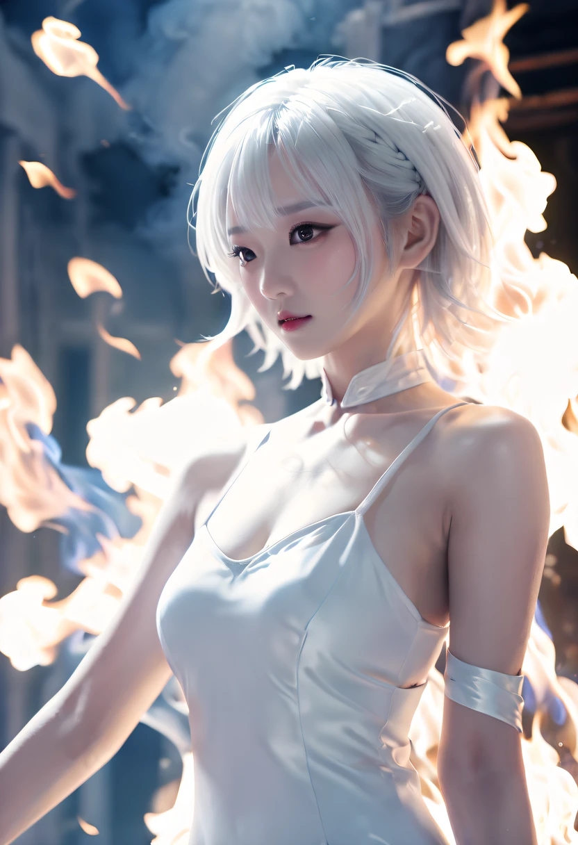 (火焰/butterflys/Loim,dynamic scene:1.3),twincest,White hair,livestock,,Sateen,nightcity