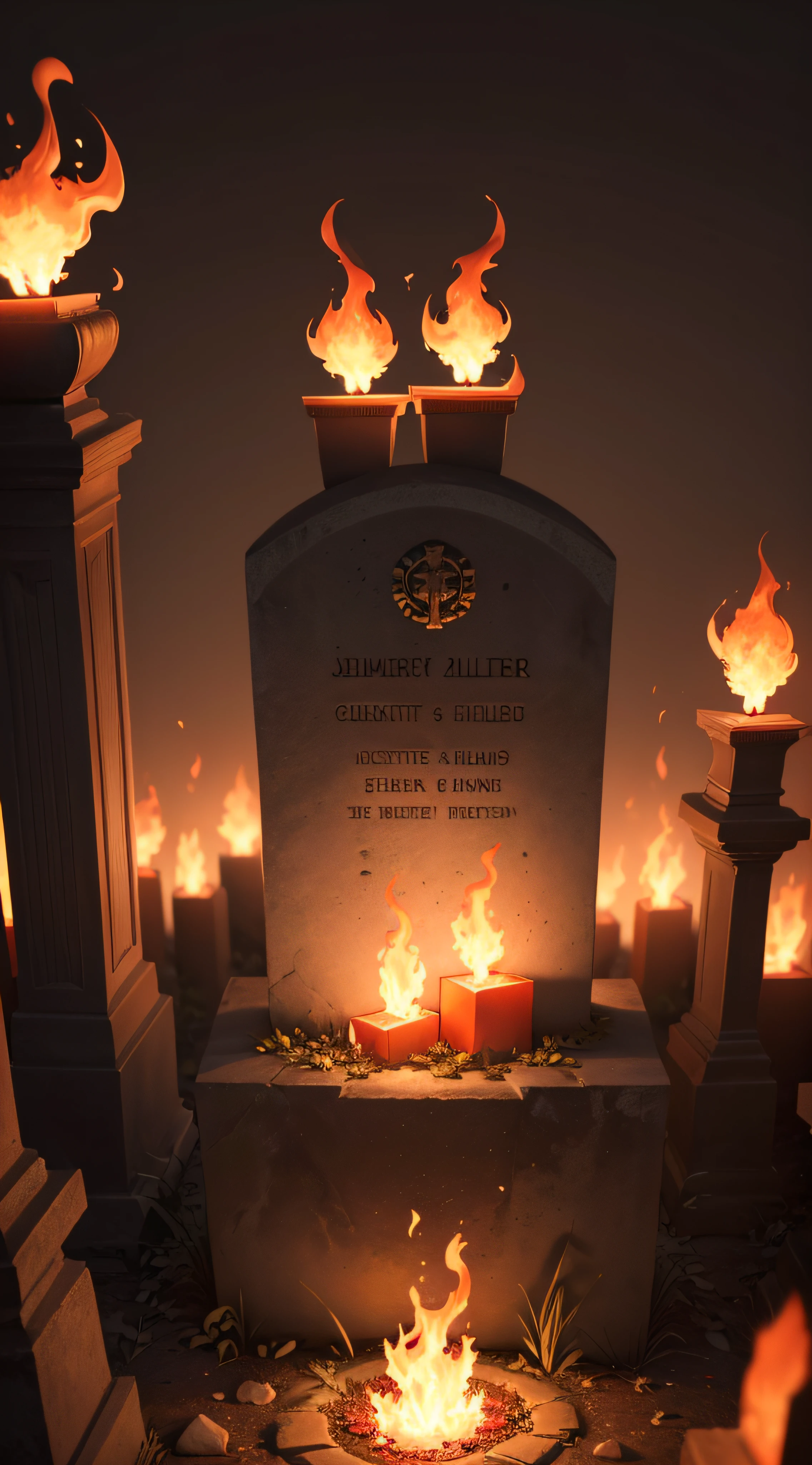 (Hdr, 16k, Best quality, 4K, High resolution, Masterpiece: 1.2, Ultra-detailed, Realstic) Follets live in the cemetery (petit être fait de flamme), flamme: vermeil, flamme: Orange vif, étincelles dorées, dinamic lighting, mouvement fluide.