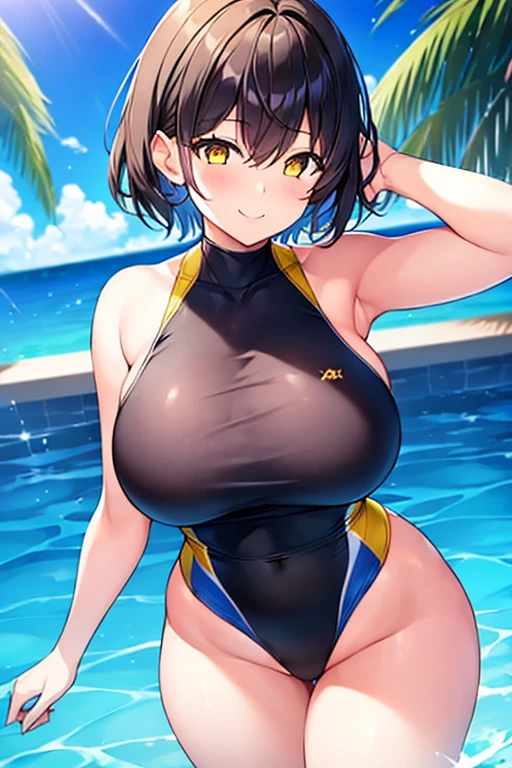 1girl, large breasts, breasts, wide hips, thick thighs, pueple hair, short hair, very short hair, yellow eyes, one-piece swimsuit, blue swimsuit, competition swimsuit, black one-piece swimsuit, light smile, full body, smile