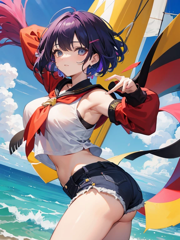 masterpiece, best quality, highres, miosha1, hair ornament, ponytail, wolf tail, swimsuit, white shorts, thigh strap, black jacket, leaf print, collar, string bikini, beach, cowboy shot, standing,