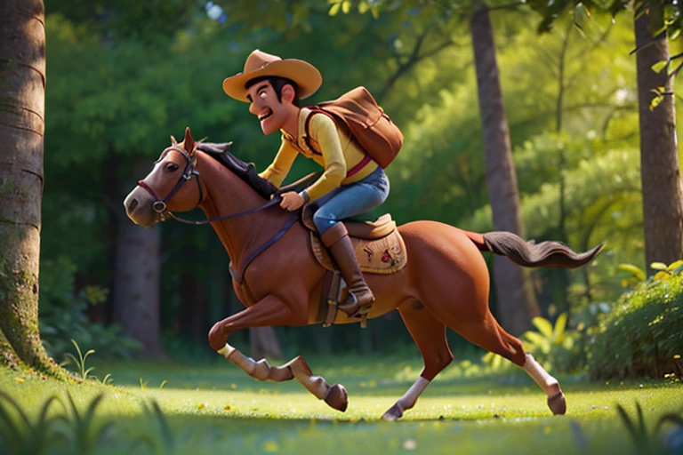 A man riding his horse through the forest, Caractere estilizado, animation style rendering, 3D estilizado, Arnold Maya render, 3 d render stylized, toon render keyshot, Personagem 3D, Personagem 3D, 3d rendering stylized, 3 d character render, personagem de desenho animado, Personagem de close up, Pose de personagem, (Estilo Pixar) (master part:1.2) (Bokeh) (melhor qualidade) (pele detalhada) (textura detalhada) (8k) (argila) (Cinematic lighting) (foco nítido