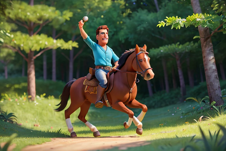 A man riding his horse through the forest, Caractere estilizado, animation style rendering, 3D estilizado, Arnold Maya render, 3 d render stylized, toon render keyshot, Personagem 3D, Personagem 3D, 3d rendering stylized, 3 d character render, personagem de desenho animado, Personagem de close up, Pose de personagem, (Estilo Pixar) (master part:1.2) (Bokeh) (melhor qualidade) (pele detalhada) (textura detalhada) (8k) (argila) (Cinematic lighting) (foco nítido