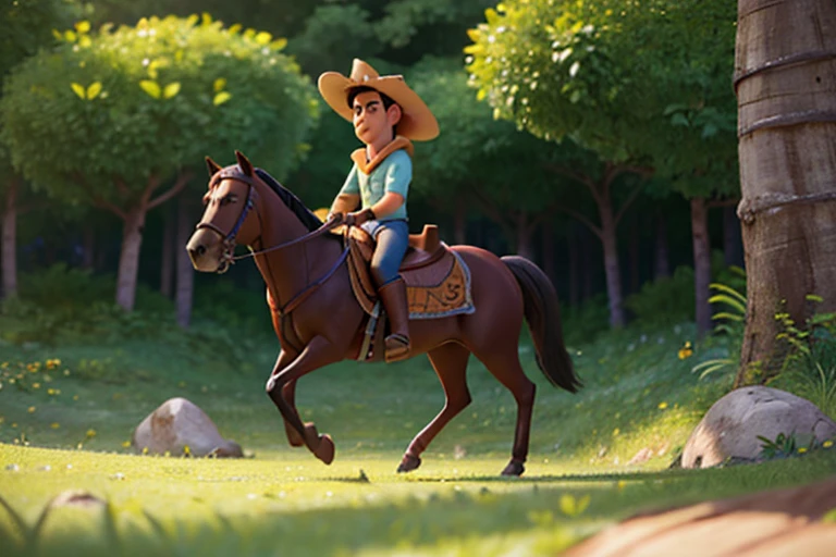 A man riding his horse through the forest, Caractere estilizado, animation style rendering, 3D estilizado, Arnold Maya render, 3 d render stylized, toon render keyshot, Personagem 3D, Personagem 3D, 3d rendering stylized, 3 d character render, personagem de desenho animado, Personagem de close up, Pose de personagem, (Estilo Pixar) (master part:1.2) (Bokeh) (melhor qualidade) (pele detalhada) (textura detalhada) (8k) (argila) (Cinematic lighting) (foco nítido